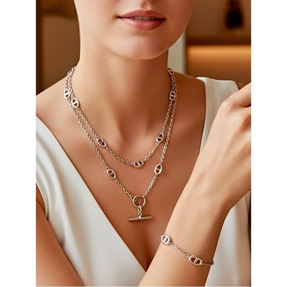 Silver PigNose Multilayer Necklace Bracelet Set Stainless Steel Mariner